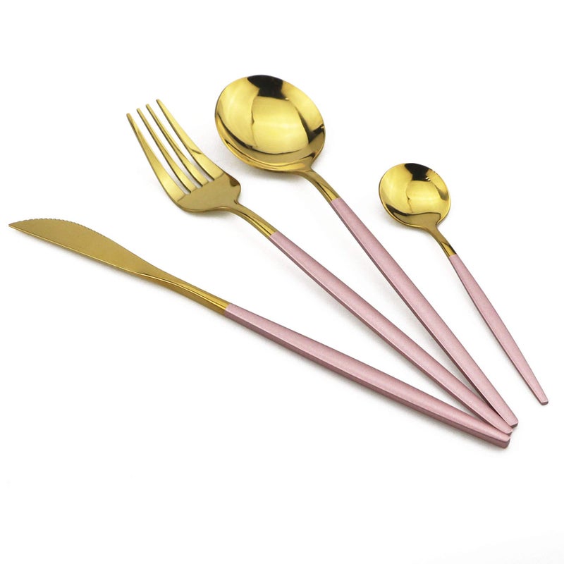JANKNG 24-Piece Flatware Set, 18/0 Stainless Steel Knife Fork Spoon Teaspoon Silverware Set, Service for 6, Pink Handle Gold - Image 4